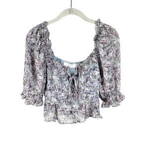 ASTR Floral Puff Sleeve Top Blue Purple Multi Size S Bustier